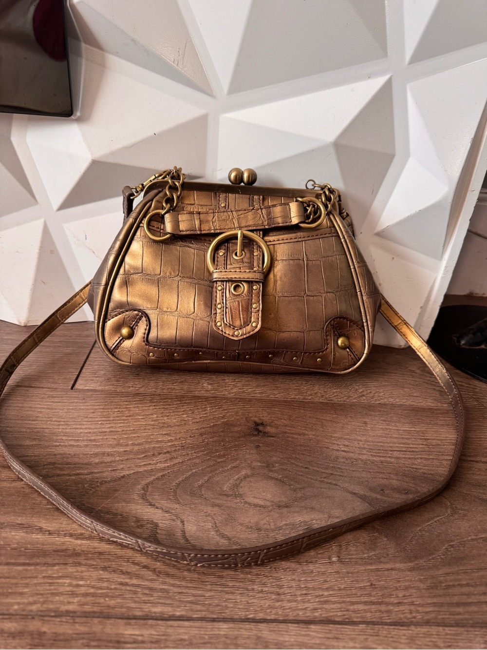 Vintage Nine West Y2k 90s Croc Embossed Gold Purse Bag Big Buckle Vegan Leather.